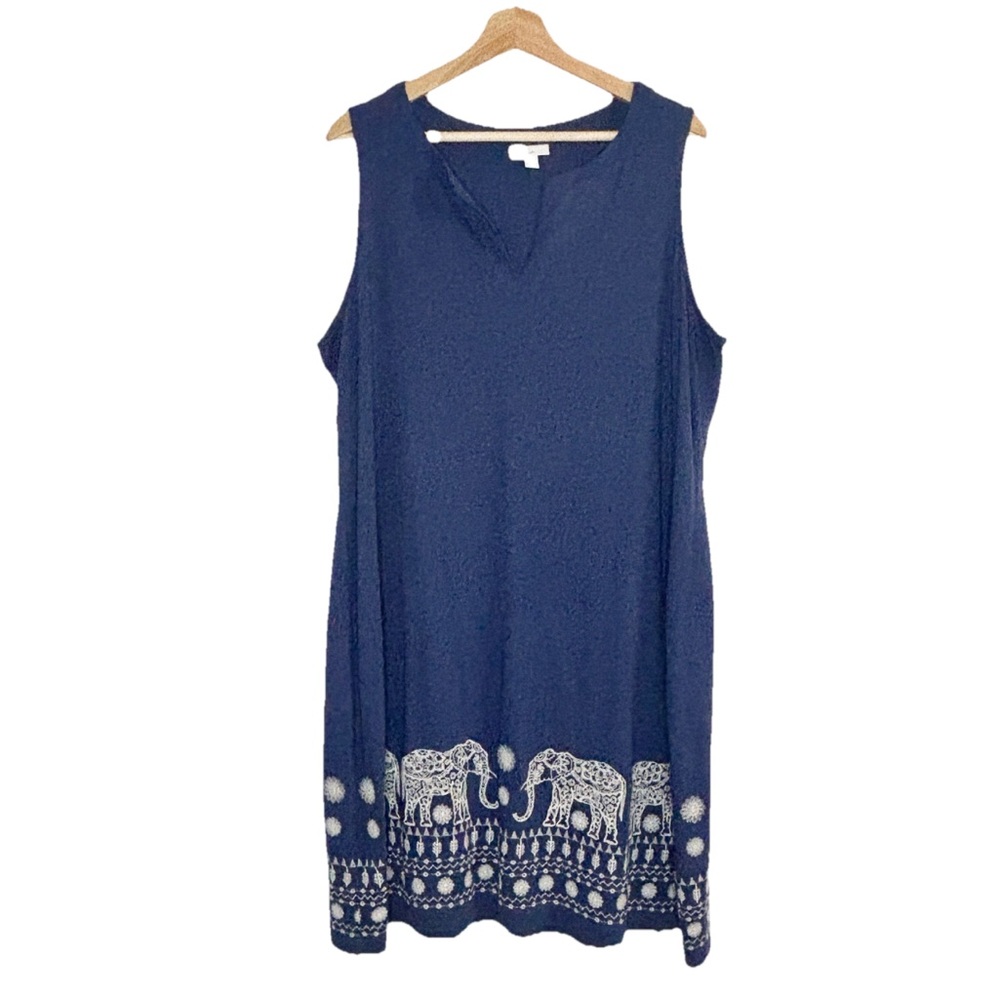 J. Jill Sleeveless Embroidered Elephant Hem Blue Shift Dress Sz XL Petite